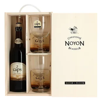 COFFRET Bois 2 CAPS Bière BLONDE 75 cl + 2 VERRES