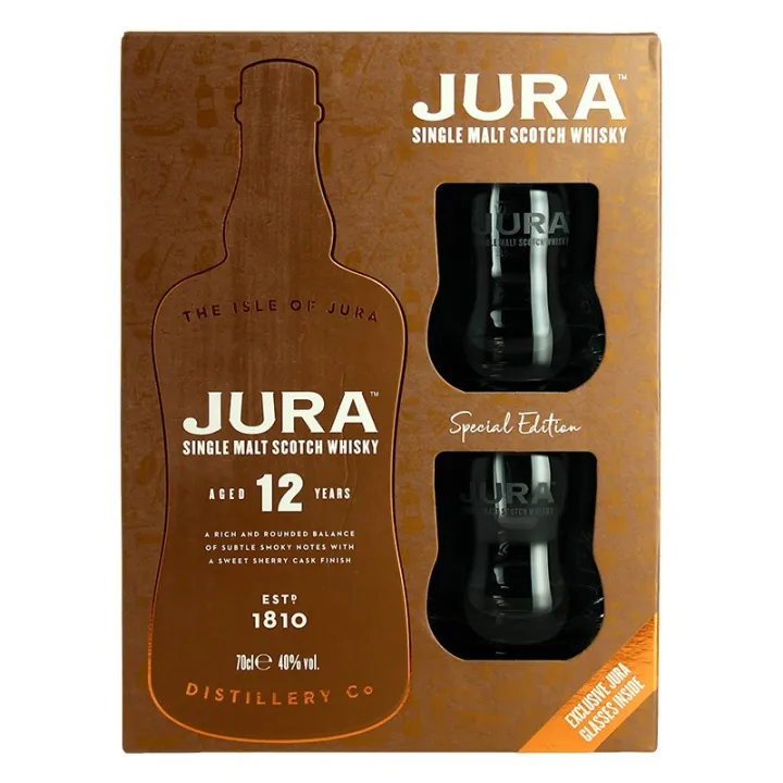JURA 12 ans Single Malt Scotch Whisky Coffret + 2 Verres