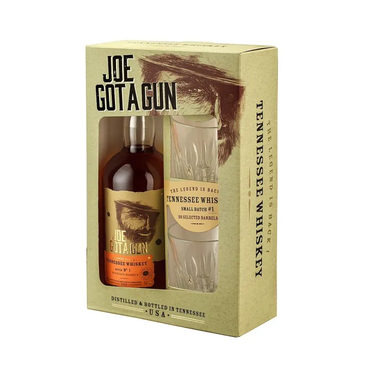 achat american whiskey Coffret JOE GOT a GUN Tennessee Whiskey 70 cl + 2 verres