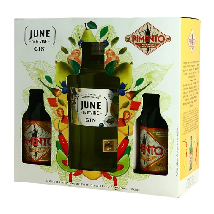 achat de Coffret liqueur de Gin JUNE POIRE 70 cl + 2 Pimento Gingembre 25 cl