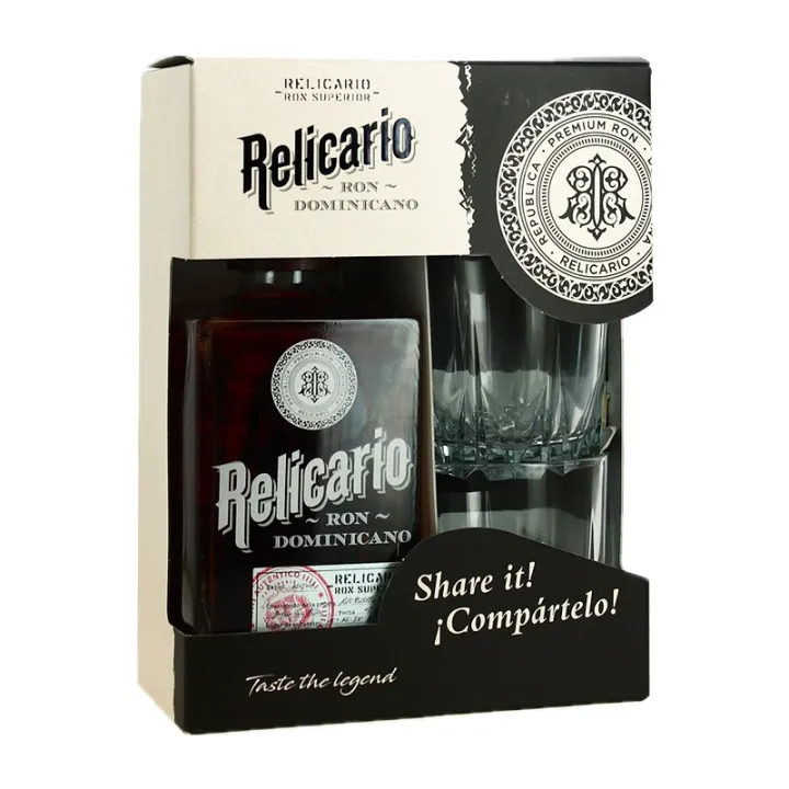 COFFRET de Rhum RELICARIO + 2 Verres, rhum ambré de République Dominicaine