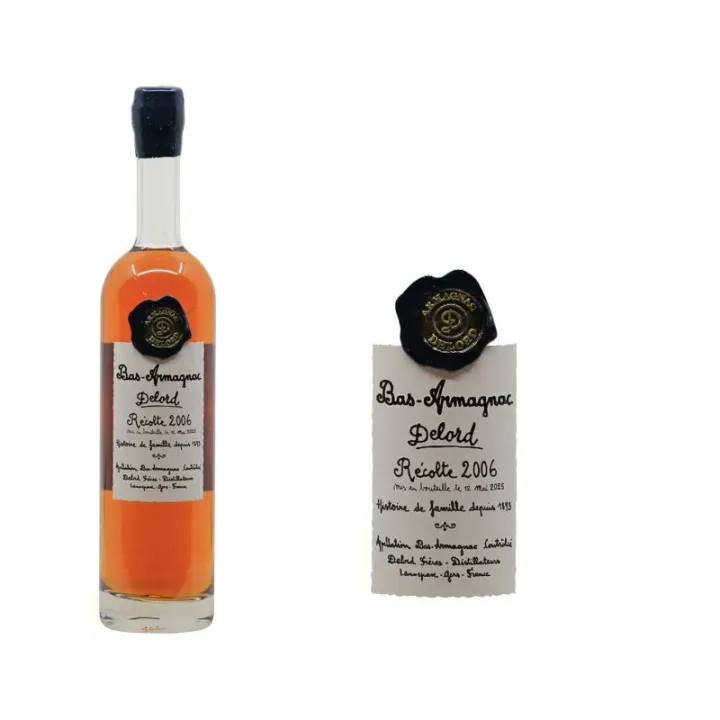 Découvrez le Bas-Armagnac Delord Récolte 2006, aux notes de coing, d’amande, de fruits secs et de cacao. Bouteille de 70 cl à 40